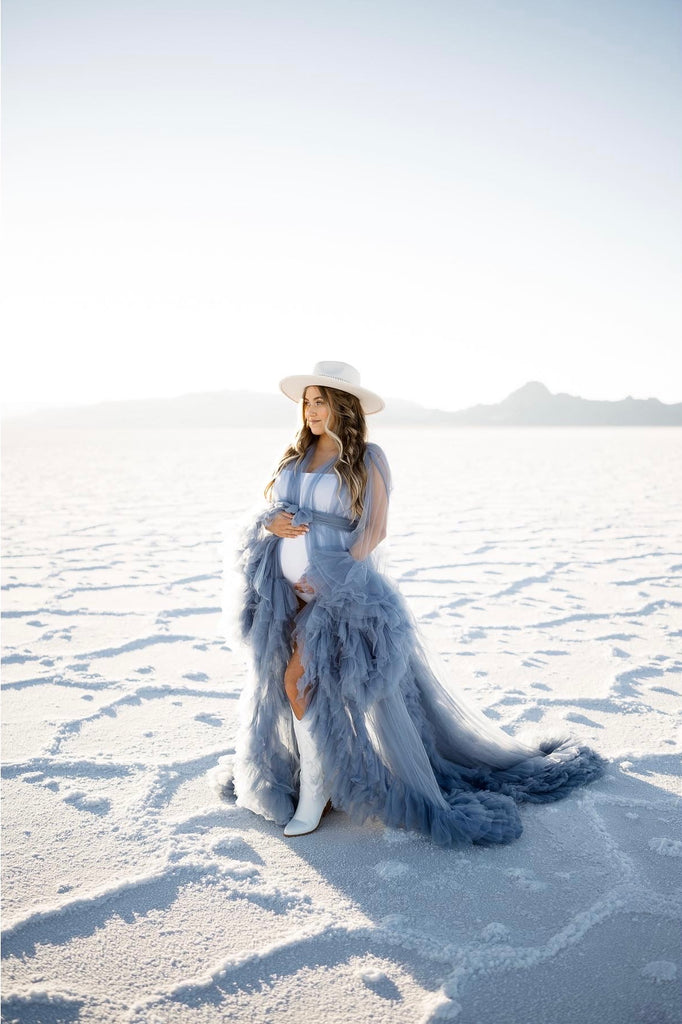 Salt Flats Utah Maternity session in a blue tulle dress with Becca photo 