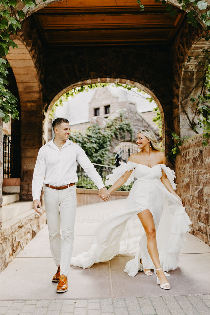 White tulle couples Engagement photo shoot in the dress Madison dress salt gowns  